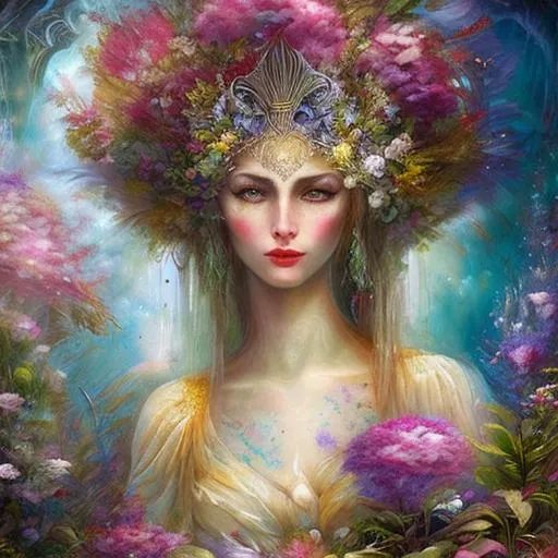 Prompt: watercolor, wet on wet painting of a beautiful floating ethereal woman goddess with a beautiful face, floating in an ethereal sea of dreams among the ruins of an abandoned, post apocalyptic futuristic city, surrounded by flowers and vegetation, in the style of steampunk, Josephine Wall and Daniel Merriam, HD, 8k, High resolution, centered