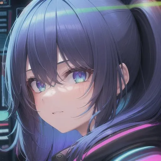 Prompt: 1girl, sinister hacker working on surrounding computers and monitors, zoomed out, colorful lights, (masterpiece, illustration, best quality:1.5), K-cup_chest, side view, looking at viewer, global illumination, finely detailed, highly Detailed face, beautiful defined detailed face, beautiful detailed eyes, beautiful detailed shading, highly Detailed body, finely detailed, ethereal, full body, beautifully detailed background, cinematic, 64K, UHD, 