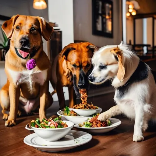 Prompt: 2 DOGS EATING AT A FINE DINING RESTAURANT SERVED BY A HUMAN WAITER
