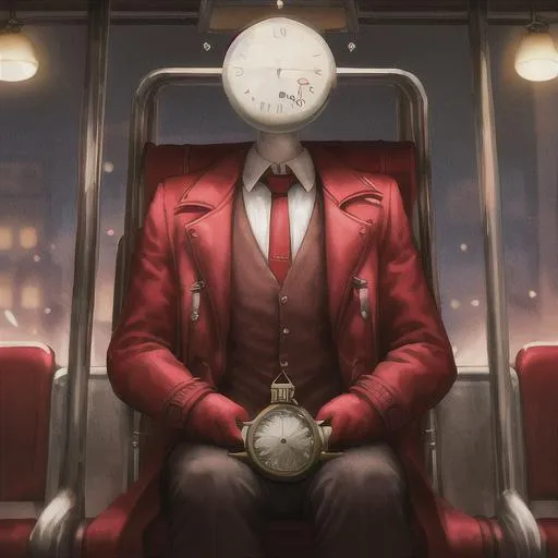 Prompt: Limbus_company, clock_head, bus, sit, dark,head_is_clock,clock_man, red_coat, red_clock_watch, clock_watch_head, red_necktie, dante