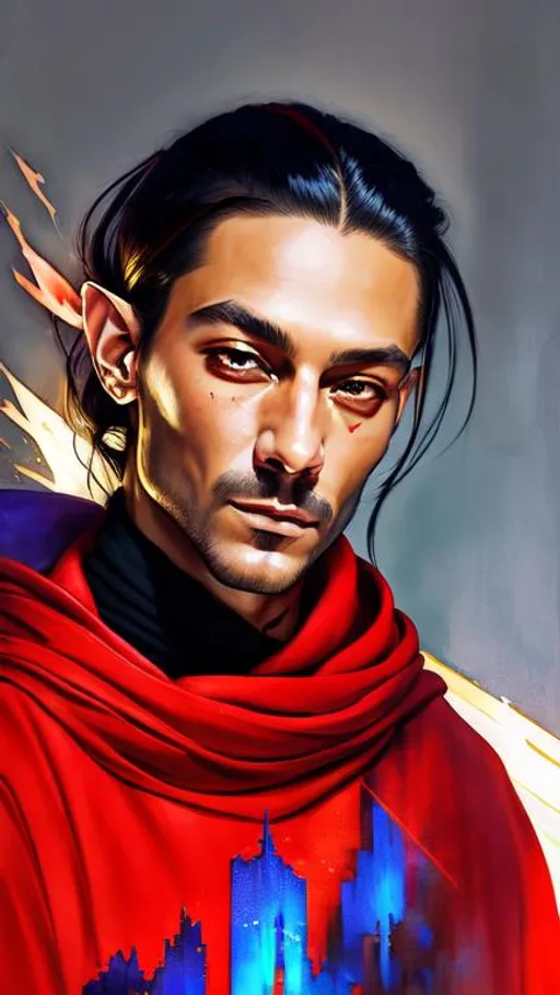 Prompt: concept portrait of a relaxed male elf, very long straight black hair tied back, tan skin, red eyes, in the style of an oil painting, strong colors, dreamy, 

oversized loose red jedi robes, light shirt, showing bare arms, arms covered in elaborate glowing magical runes tattoos, one long skinny steel sword, 

faded smokey background ruins like league of legends shadow isles, 

dynamic light, in watercolor style,