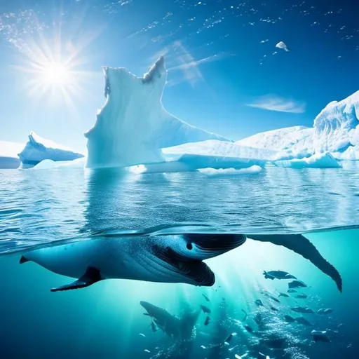 Prompt: bottom view of an iceberg with an 18th century ship and swimming whales, ultra detailed elaboration, ultra realistic image, underwater lights, 8K