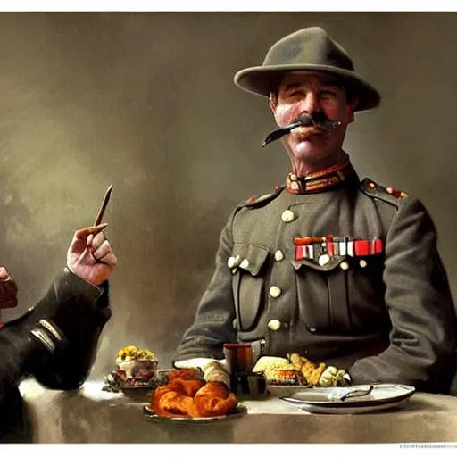Prompt: realistic, mustachioed British ww1 Officer in a kaki uniform eating soup, with Indiana Jones sitting next to him, painted by Sargent, painted by Thomas Kinkade, painted by Rembrandt, matte painting, trending on ArtStation