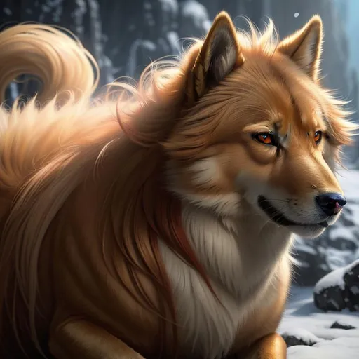 Prompt: fix eyes, 8k, 3D, UHD, masterpiece, oil painting, best quality, artstation, hyper realistic, photograph, perfect composition, zoomed out view of character, 8k eyes, Portrait of a (beautiful Ninetales), {canine quadruped}, glistening gold fur, thick luxurious fur, deep sinister (crimson eyes), ageless, lives a thousand years, epic anime portrait, vindictive, angry, growling, vengeful, wearing a luxurious {crimson collar}, presenting magical jewel, billowing gold mane with fluffy golden crest, golden magic fur lighlights, studio lighting, global illumination, sharp focus, intricately detailed fur, graceful, regal, billowing chest, cinematic, vector art, ray tracing, possesses fire element, blizzard, snow mountain, magnificent, sharp detailed eyes, beautifully detailed face, highly detailed starry sky with pastel pink clouds, ambient golden light, plump, perfect proportions, vector art, nine beautiful tails with pale orange tips, insanely beautiful, highly detailed mouth, symmetric, sharp focus, golden ratio, magic fur highlights, complementary colors, perfect composition, professional, unreal engine, high octane render, highly detailed mouth, Yuino Chiri, Anne Stokes