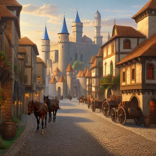 Prompt: a giant medival city street, buildings made out of cobblestone, cobblestone sidewalks, horses and mules, the large citadel can be seen in the distance on the horizon, medival, fantasy, middle ages, renaissance, Michelangelo, Greg Rutkowski, full hd, high quality, 4k, trending on artstation, oil painting, intricate, highly detailed,