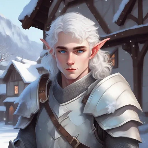 Prompt: DND a cute pale male elf with medium length wavy white hair and pale blue eyes wearing plate armor in a snowy village cute