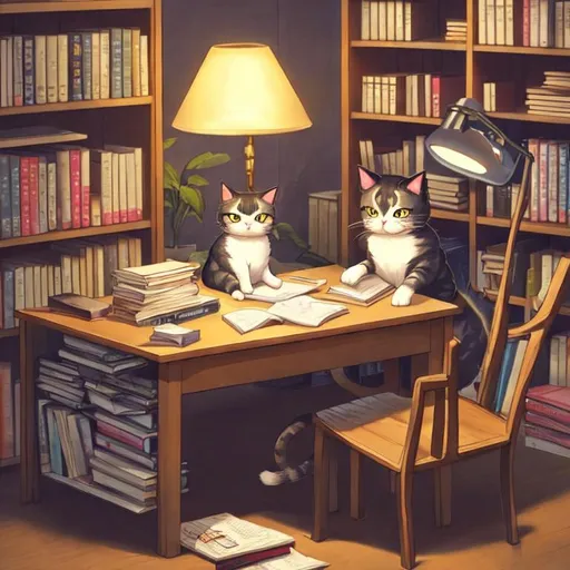 Prompt: A anime cat sitting on a desk cluttered with books and a desk lamp 