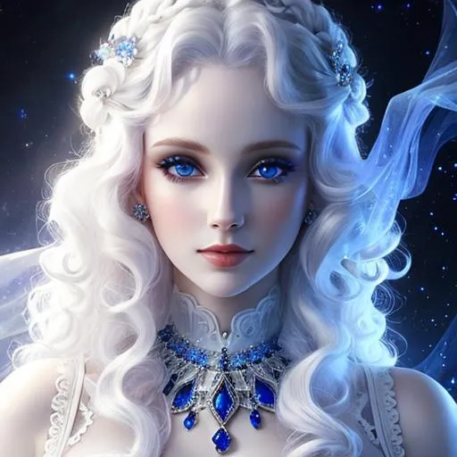 Beautiful woman, white curly hair, brilliant blue ey...