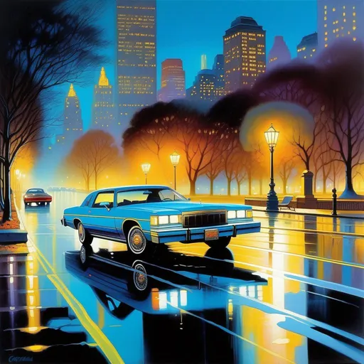 Prompt: 1990s, Central Park at night, neon, car chase, rain, fog, cold blue atmosphere, cartoony style, extremely detailed painting by Greg Rutkowski and by Henry Justice Ford and by Steve Henderson