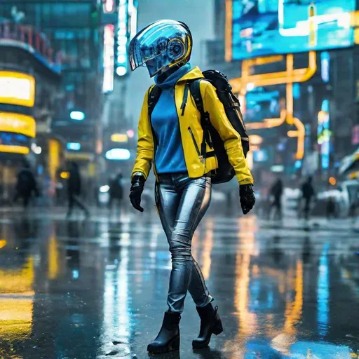 Prompt:  generate an image of a full body cybernetic futuristic svelte woman from 2250 ((full shot)), walking in the wet street, wearing a bluish grey shiny tight jeans and sweater and thin black boots, a big backpack, a futuristic big cross helmet with metallic visor, intricate blue and yellow billboards in the background, maximalist, reflection, blue hue, cyberpunk setting, UHD, photorealistic, super resolution, dynamic lighting, a masterpiece, by jeremy mann, a breathtaking artwork by Brian Froud, Ferez, Arthur Rackham, Beeple, Epic scale, highly detailed, clear environment, triadic colors cinematic light 16k resolution, trending on artstation, hyperdetailed, hyperrealism, cinematic, filmic; epic in scope and scale, Poster art. night, yellow and blue billboards and buidings in the background and sides
© Amina