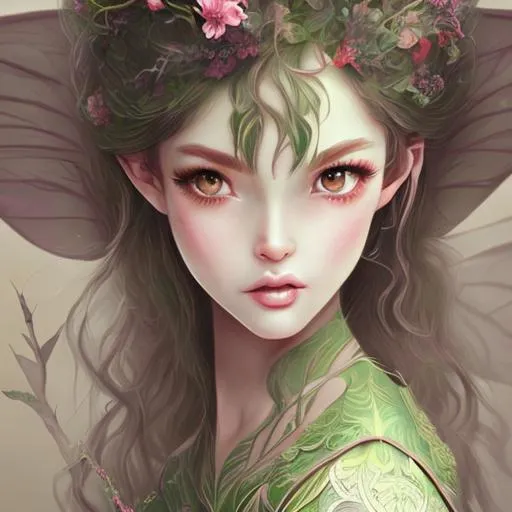 Prompt: character design, perfect beautiful fairy with long brown hair, wide perfect eyes, wearing narujuana leaves in her hair and wusoy dress, cute female, painted by artgerm, low angle shot, digital painting, green colour mood, gilded