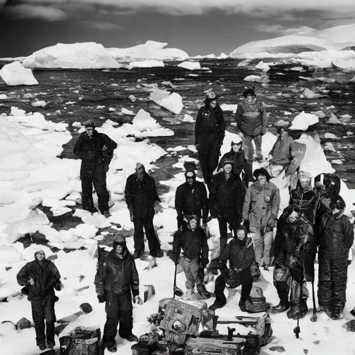 Prompt:  Photograph of Explorers posing with ancient alien artifacts in Antarctica.
Black and white photo, realistic, antique