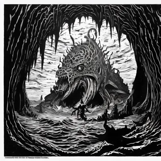Prompt: An india ink woodcut of a dungeons and dragons Aboleth in a sea cave.

