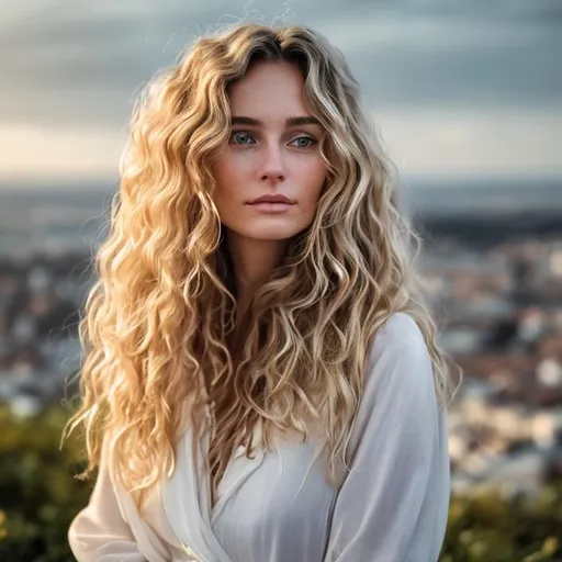 Prompt: Portrait of A beautiful sophisticated Woman wavy white hair, impeccable, admiring the town in the distance, depth of field, in the style of Claire Leighton
