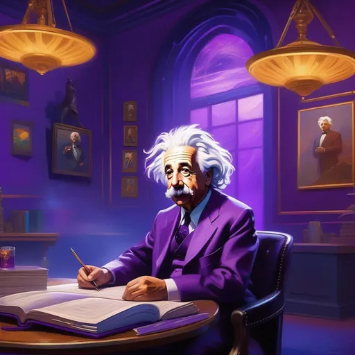 Prompt: Albert Einstein in Saints Row, cartoony, purple atmosphere, extremely detailed painting by Greg Rutkowski and by Henry Justice Ford and by Steve Henderson