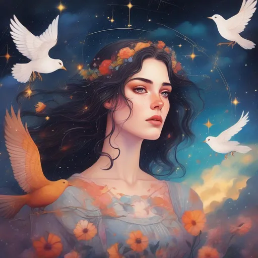 Prompt: Colorful and beautiful Persephone with brunette hair and light freckles,  surrounded by clouds and birds in flight framed by constellations and stars