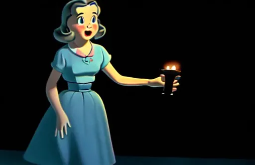 Prompt: 1950s cartoon teenage girl walking with a candle