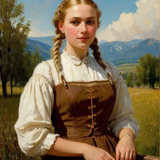 Prompt: heavy brushstrokes, textured paint, impasto paint, intricate, cinematic lighting, oil painting, dramatic, 8k, trending on artstation, painting by Vittorio Matteo Corcos and Albert Lynch and Tom Roberts
German Village blond braids milkmaid