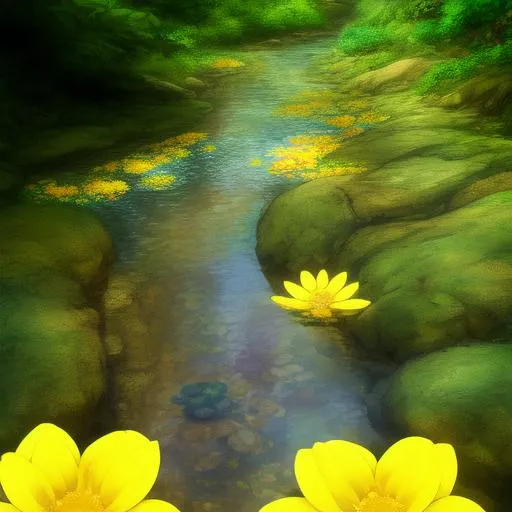 Prompt: studio ghibli anime style, vivid colours, HDR, macro-shot of a yellow flower covered in due, a gentle stream of water near flower,