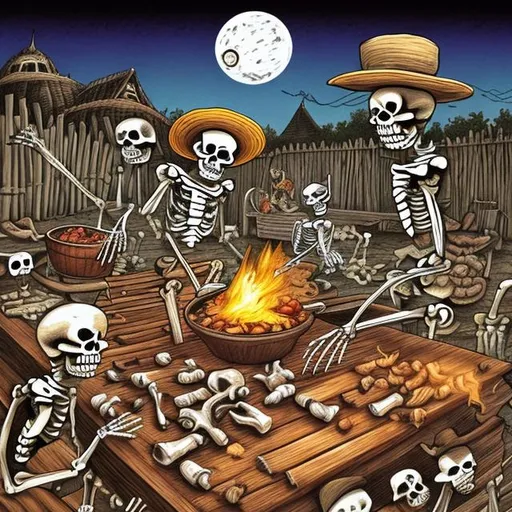 Prompt: Skeletons making barbecue at midnight, drawing style like oingo boing cd cover - mexican villa