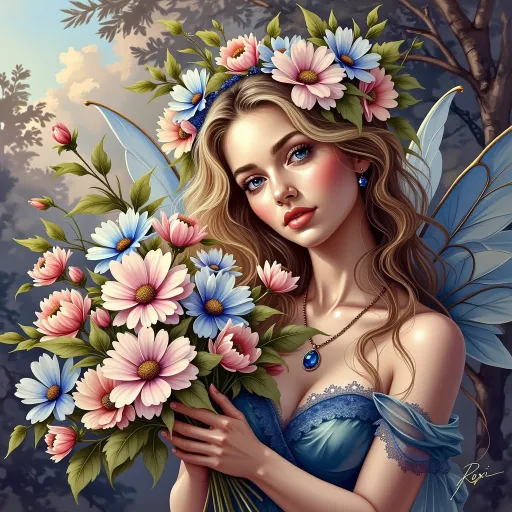 Prompt: This is a digital painting in a hyper-realistic, romantic style, depicting a fair-skinned, blonde woman with delicate, curly hair adorned with a vibrant floral crown. She has large, expressive blue eyes, rosy cheeks, and full, red lips. She is wearing a strapless, blue dress with intricate lace detailing and a gold necklace with a small, blue gemstone. Her translucent blue fairy wings are visible behind her. She is holding a bouquet of pink and blue flowers with green leaves, and she gazes directly at the viewer with a serene, gentle expression. The background features a soft, cloudy sky with hints of sunlight filtering through the trees, adding a dreamy atmosphere. The flowers she holds and those in her crown are detailed with soft, realistic textures, showcasing delicate petals and green leaves. The overall color palette is soft and pastel, with shades of blue, pink, green, and gold, creating a whimsical, ethereal feel. The artist's signature, "Roxi," is visible in the bottom right corner. The image exudes a sense of beauty, grace, and fantasy.