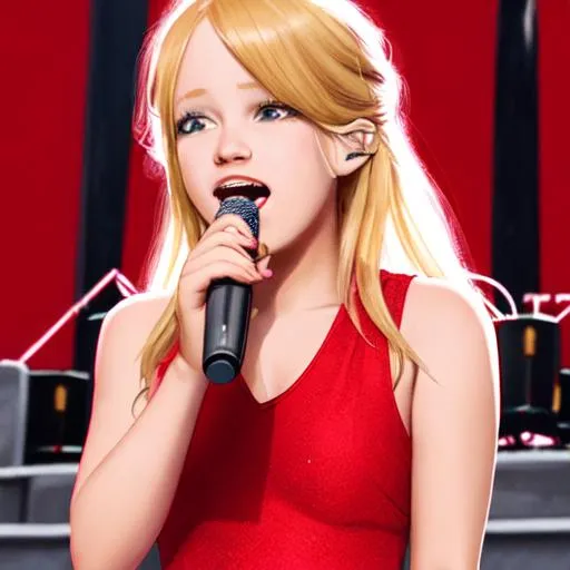 Prompt: A blonde red girl singing at a concert