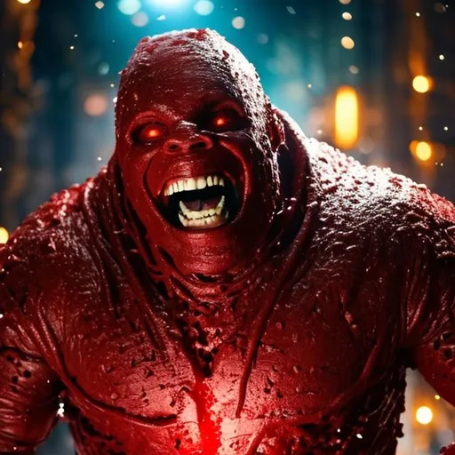 Prompt: Realistic photo of blood golem happily smile in full hd, ultra realistic, highly detailed, 8k. Soft lighting 