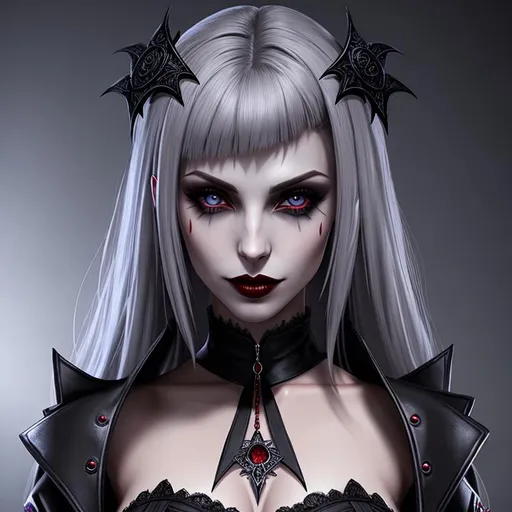 Prompt: anthropomorphized "Vampire the Masquerade", wearing an outfit inspired by "Vampire the Masquerade", she is making eye contact, full body, detailed symmetrical face, detailed real skin textures, highly detailed, digital painting , HD quality, 