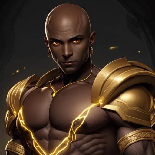 Prompt: portrait of a patronizing bald dark-skinned Adonis with abs and very brightly glowing luminescent golden eyes
