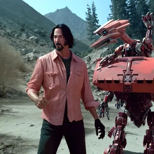 Prompt: Keanu Reeves fighting a giant robot chicken wielding a salmon