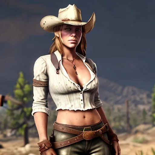 Prompt: Attractive feminine Sadie Adler from RDR2 with face scars and marks, with deep cleavage, white shirt and brown pants, Wild West background, full body view, f/1.8