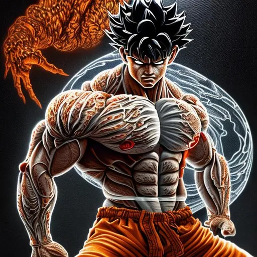 Prompt: 64K masterpiece intricate hyperdetailed breathtaking 3D glowing black oil painting medium portrait of son goku, orange trousers, intricate hyperdetailed muscular body, intricate hyperdetailed muscles, glowing white light reflection on the muscles, hyperdetailed intricate hard standing glowing hair, hyperdetailed glowing angry white eyes, detailed face, white glowing muscles, tan glowing body, tan glowing skin, semi-polaroid monochrome photography, hyperdetailed complex, character concept, hyperdetailed intricate glowing shining glamorous colored water drop floating in the air, very angry, intricate glowing light reflection, intricate hyperdetailed glowing iridescent reflection, strong glowing white light on the hair, contrast colored head light, hyperdetailed very strong colored shadowing very strong colored muscle shadow, professional award-winning photography, maximalist photo illustration 64k, resolution High Res intricately detailed, impressionist painting, yellow color splash, illustration, key visual, panoramic, cinematic, masterfully crafted, 8k resolution, stunning, ultra detailed, expressive, hypermaximalist, UHD, HDR, UHD render, 3D render, 64K, hyperdetailed intricate watercolor mix oil painting on the body, Toriyama Akira colored cyberpunk 2077 city skline backround