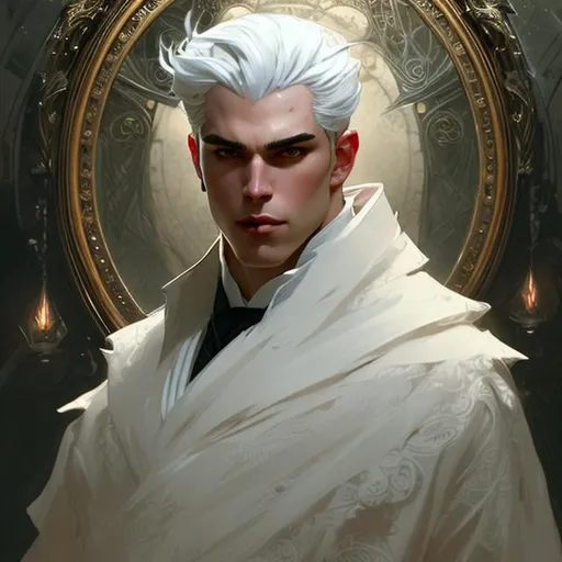 Prompt: Splash art portrait of handsome, androgynous, vampire, white haired man with short white hair, victorian light clothes, elegant, highly detailed, intricate, smooth, sharp focus, artstation, digital painting, concept art, art by greg rutkowski, alphonse mucha and John William Waterhouse