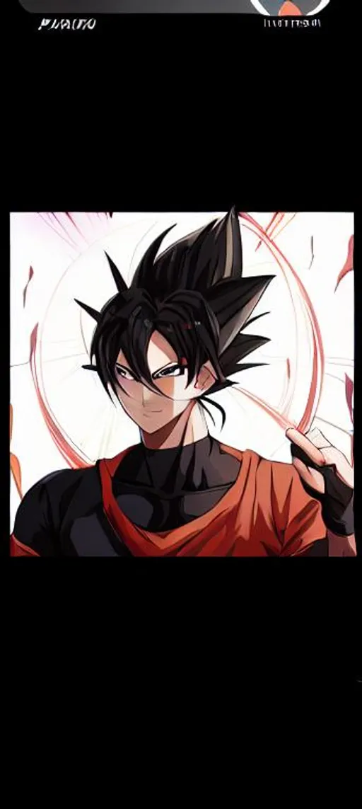 Prompt: Saiyan with black hair and black eyes, in a hill with a Shining sun, with ultra instinct, that releases a Red Aura, with a confident smile on his face.