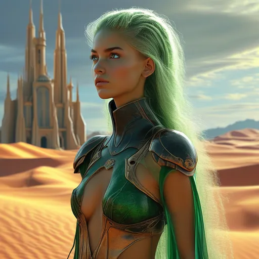 Prompt: hybrid earth and alien woman, (185 cm tall), (80 kg), (light green skin), (flowing blonde-red hair), (large full black eyes), standing confidently on Arrakis, picturesque dune planet, (lush vegetation), (imperial palace), (realistic), (highly detailed), (sharp focus), (imperial attire), warm, dramatic lighting, inviting ambiance, vibrant colors blending with arid terrain, emphasis on intricate details capturing the energy of her presence.