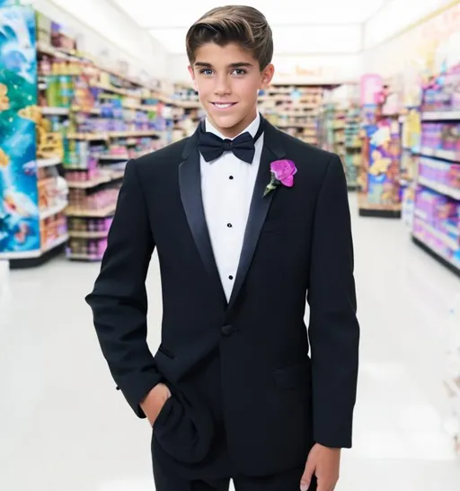 Prompt: Attractive teenage Boy in a tuxedo casting sparkly magic spell with a magic wand in a store