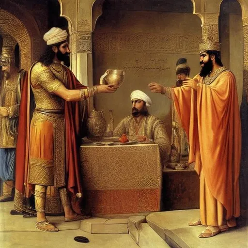 Prompt: persian king being given a cup by a servant; realism