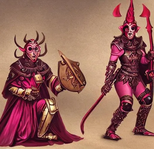 Prompt: A beautiful reddish pink skinned female tiefling cleric wearing a masquerade mask that  covering the left side of her face
And plate armour, a Warhammer and a shield
In a big ritual room kneeling in the middle of sigils surrounded by devils