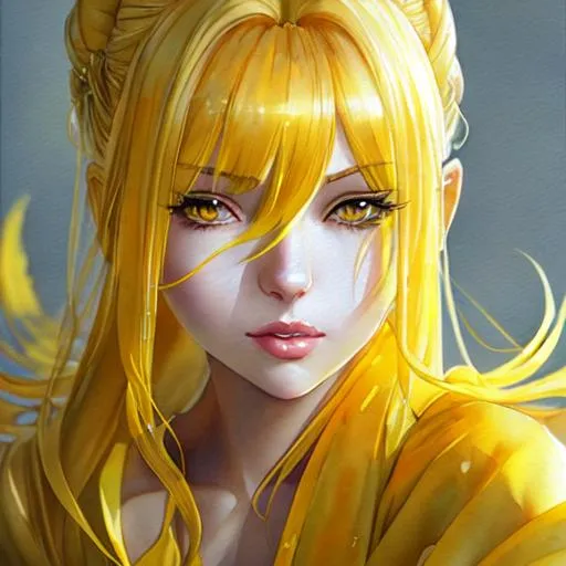 Prompt: blissful, queen, glowing yellow clothes, anime Character Design, Unreal Engine, Beautiful, Tumblr Aesthetic,  Hd Photography, Hyperrealism, Beautiful Watercolor Painting, Realistic, Detailed, Painting By Olga Shvartsur, Svetlana Novikova, Fine Art