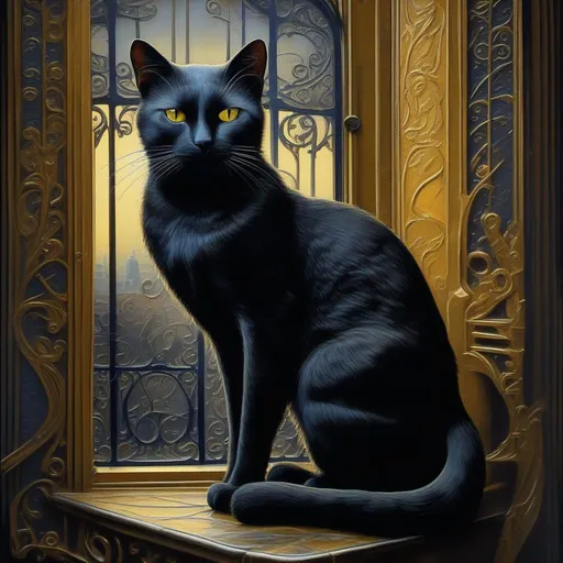 Prompt: Le chat noir, Montmartre, art nouveau, mystical, intricate details, a masterpiece, crisp quality, high definition, by Alexey Butyrsky