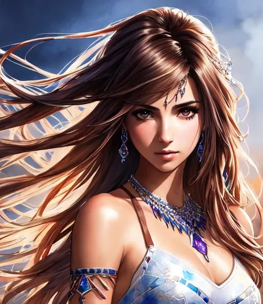 Prompt: a final fantasy watercolor concept art with Naomi Scott, brown hair, jumping in tribal cueitl, parted bangs, brown eyes, ethereal, jewelry set balayage wild hair, royal vibe, highly detailed, digital painting, Trending on artstation , HD quality, tan skin, Big Eyes,artgerm,by yoshitaka amano