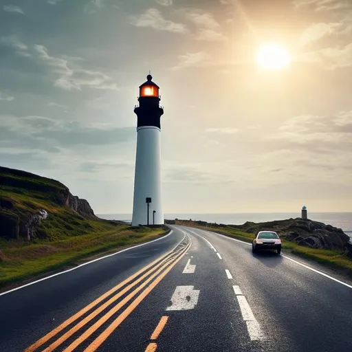 Prompt:  overtake another car on a road, growth momentum, lighthouse at the end of the road  
