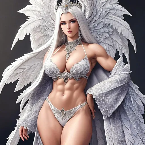Prompt: high-quality renaissance full-body portrait of a hyperdetailed phoenix queen tall girl with hyper-detailed white armor with phoenix filigree, black lingerie, ((barely clothed)), hyperdetailed white silver hair, masterpiece, hyperdetailed full body, hyperdetailed feminine attractive face and nose, complete body view, ((hyperdetailed muscular female bodybuilder)) ((hyperdetailed eyes)), gray eyes, Ancient Persian imperial city background setting, perfect body, perfect anatomy, ultra-realistic, 3d lighting, beauty, sensual feminine romance, professional, sensual feminine, perfect composition, unreal engine 8k octane, 3d lighting, UHD, HDR, 8K, render, HD, trending on artstation, front view