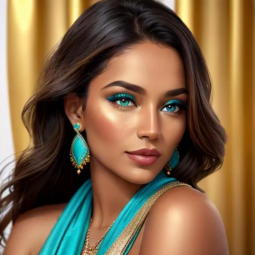Prompt: A beautiful woman in shades of gold and turquoise, facial closeup