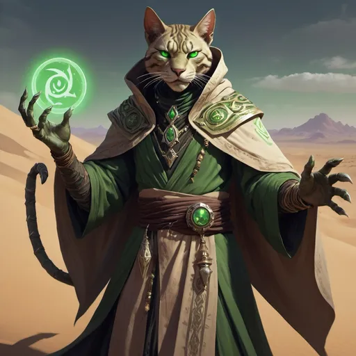 Prompt: Tabaxi warlock serving undead master, digital art, 4k HD, desert setting, mystical aura, intricate robe details,Green power ring, piercing eyes, undead magic, professional, character design, concept art, trending on ArtStation, desert tones, dramatic lighting