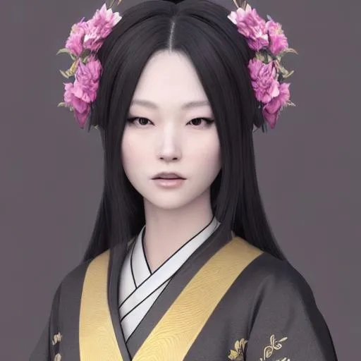 Prompt: A full body photograph of  Korean women with long black hair with three golden streaks in the hair and wearing a kimono, portrait, fantasy, medieval, vivid colors, elegant, concept art, sharp focus, beautiful face, digital art, Hyper-realistic, 4K, Unreal Engine, Highly Detailed, HD, Dramatic Lighting by Brom, trending on Artstation