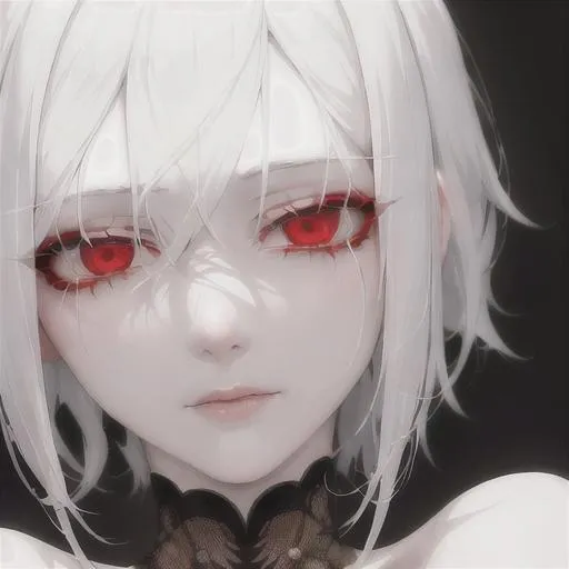 Prompt: "A close-up photo of a gorgeous short pure white haired woman, predator like red eyes, in hyperrealistic detail, with a slight hint of loneliness in her eyes. Holding a decaying rose. Her face is the center of attention, with a sense of allure and mystery that draws the viewer in, but her eyes are also slightly downcast, as if a sense of loneliness is lingering in her thoughts. The detailing of her face is stunning, with every pore, freckle, and line rendered in vivid detail, but the image also captures the subtle emotions of loneliness that might lie beneath her surface"