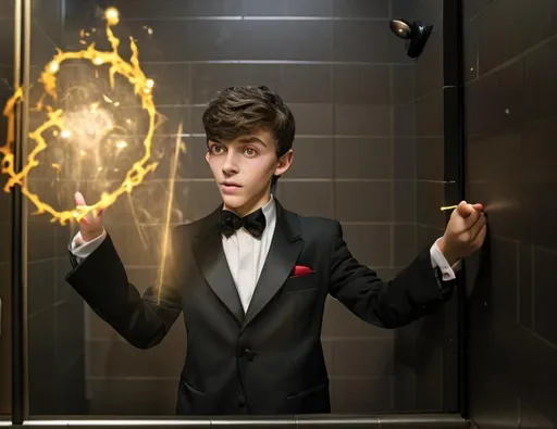 Prompt: 13 year old boy in a tuxedo casts a magic spell with his magic wand on someone else from the outside of a bathroom stall. Only show the outside view of the stall with the boy in the tuxedo with the magic wand and the stall with magic spewing out all over the place because the magic spell was just cast on whoever was inside at the time.