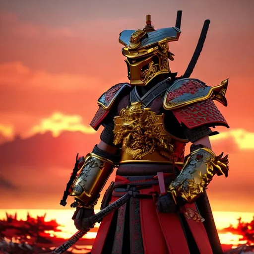 Prompt: Samurai with red armor and dragon themed helmet, golden katana looking at the sunset on a battlefield ultra realistic.