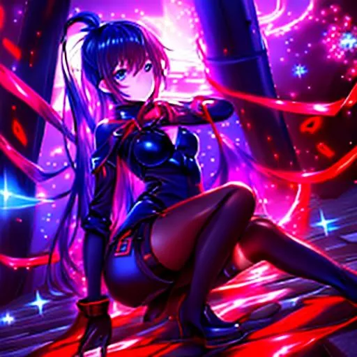 Prompt: anime art, (masterpiece), best quality, expressive eyes, perfect face, full body, 1girl, dark haired nineteen years old girl, crouched on a rooftop, dressed in a dark blue bodysuit, black hooded robe, black boots, gloves with red gems on the back, sparkles around the body, red eyes, long hair, single ponytail,